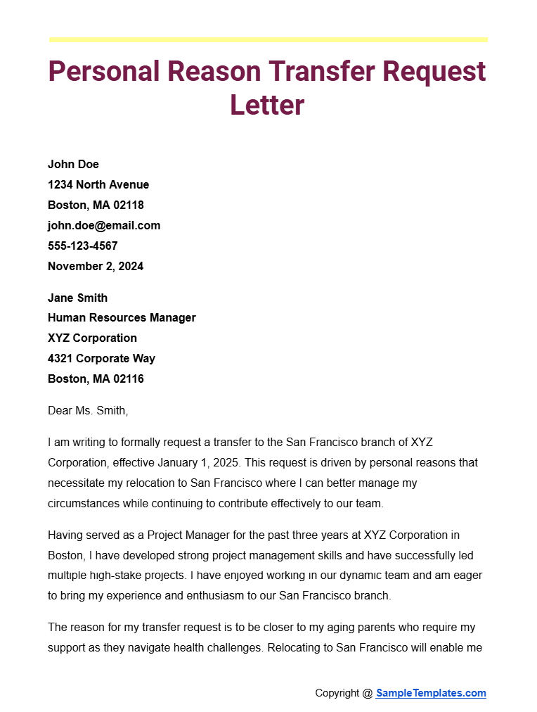 personal reason transfer request letter