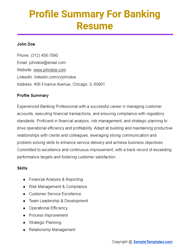 profile summary for banking resume