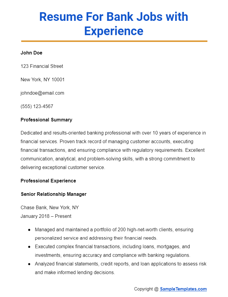 resume for bank jobs with experience