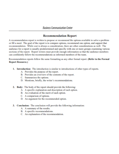 examples of recommendations in a report