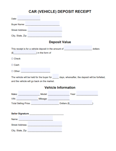 car deposit value receipt