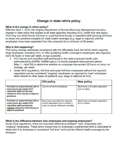 change in state rehire policy sample