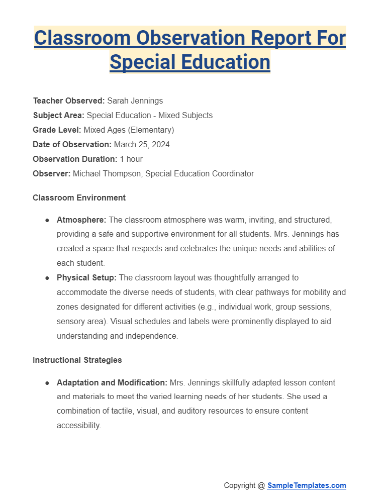 classroom observation report for special education