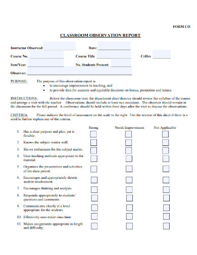 classroom observation report form