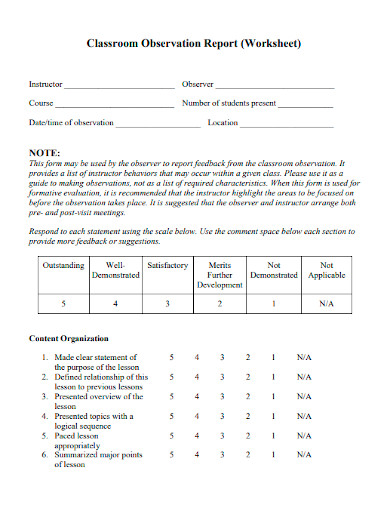 classroom observation report worksheet