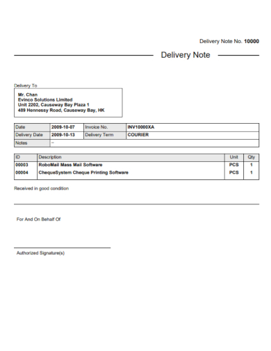 courier delivery note form