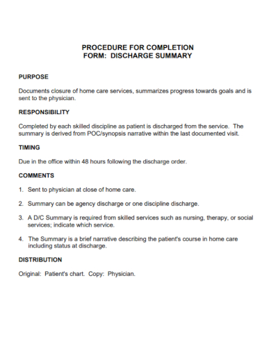 discharge summary nursing procedure note