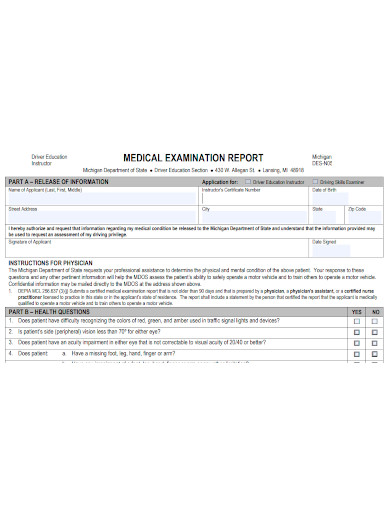 driver instructor medical examination report
