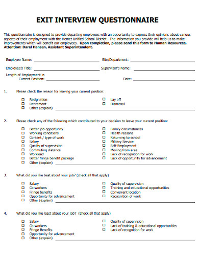 employee exit interview questionnaire samples