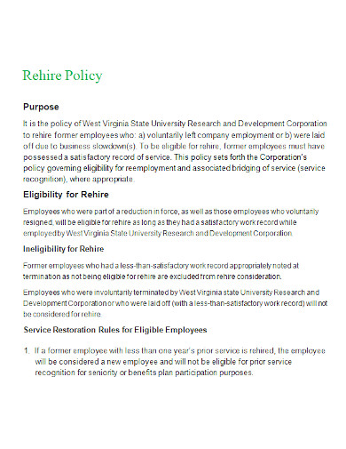 employee rehire policy samples