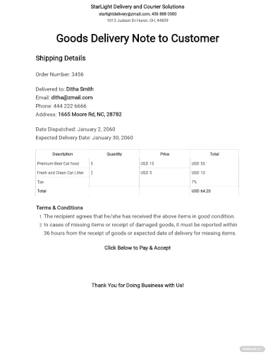 goods delivery note template to customers