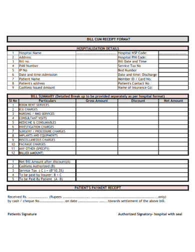 hospital bill receipt format