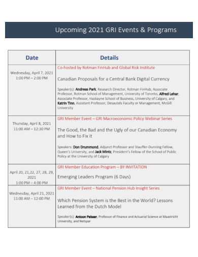 institute event program schedule