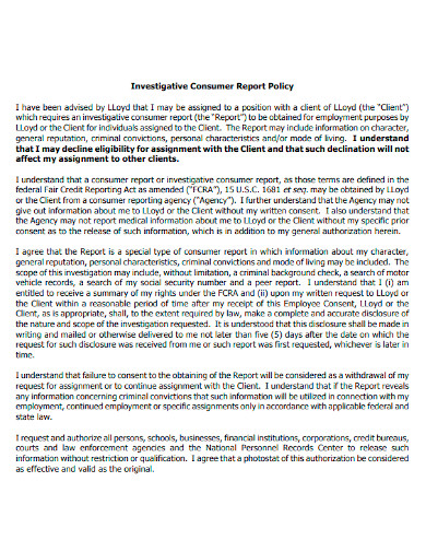 investigative consumer report policy