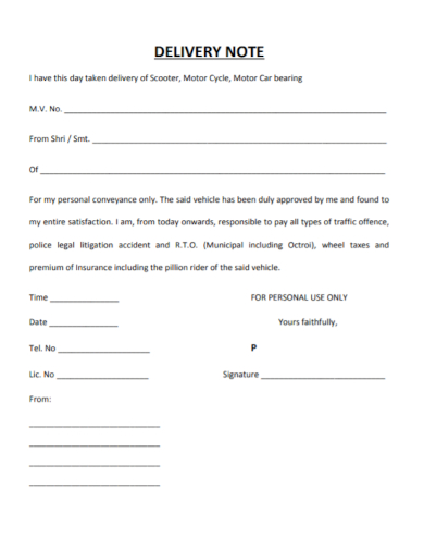 motor delivery note form