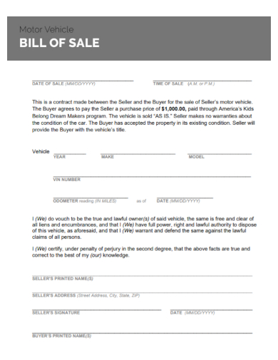 motor vehicle bill of sale contract