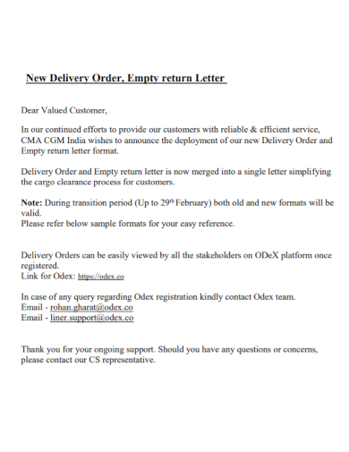 new delivery order letter note