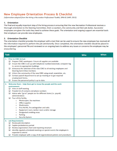new employee orientation process checklist sample