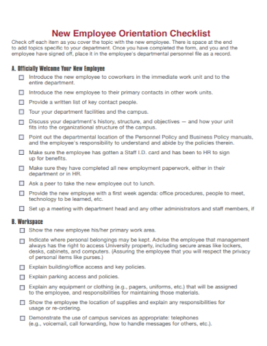 new employee welcome orientation checklist sample