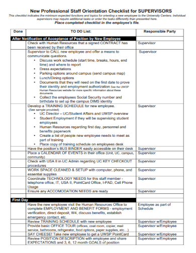 new professional staff orientation checklist sample
