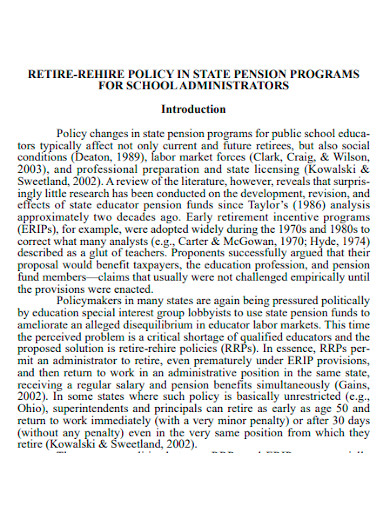 pension program rehire policy sample