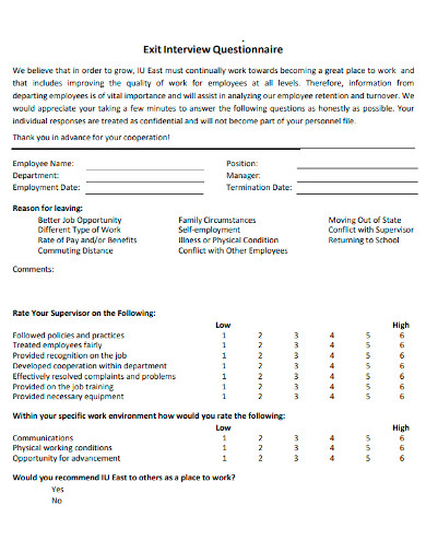 printable exit interview questionnaires