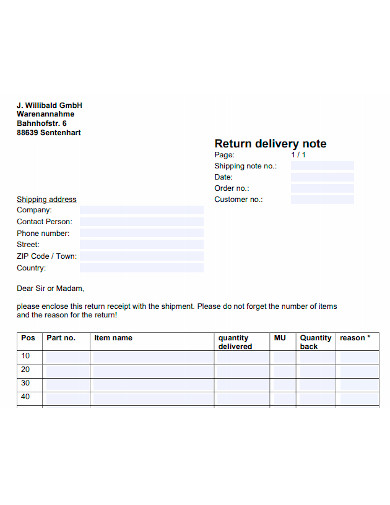 return delivery note format