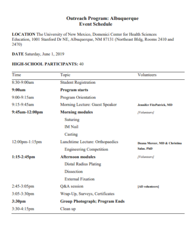 school event program schedule