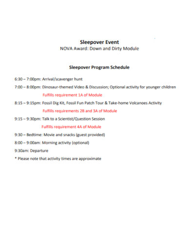 sleepover event program schedule