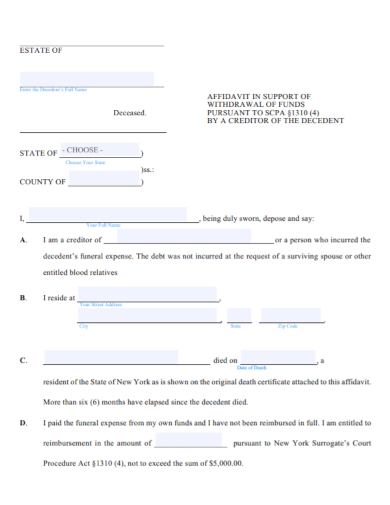 small estate affidavit of funeral creditor expenses