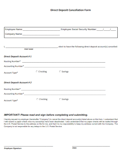 stop direct deposit cancellation form