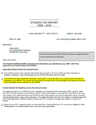 student aid report sample
