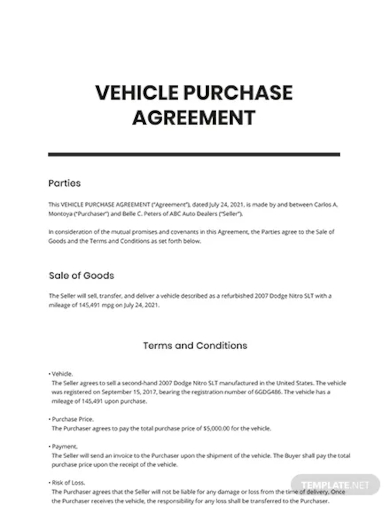 vehicle purchase agreement template