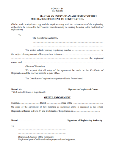 vehicle purchase registration agreement form