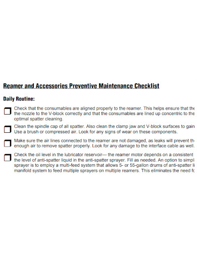 accessories preventive maintenance checklist