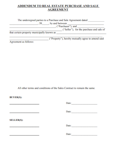 addendum to real estate purchase and sales agreement