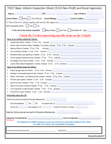 agency vehicle information inspection sheet