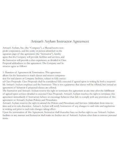 artisan’s instructor agreement