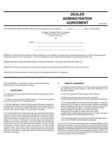 automobile dealership administration agreement