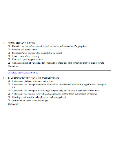 business valuation report checklist