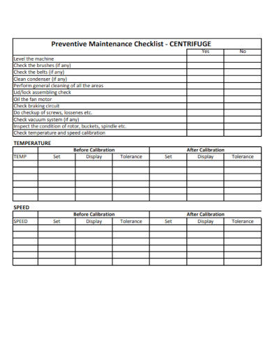 centrifuge machine maintenance checklist