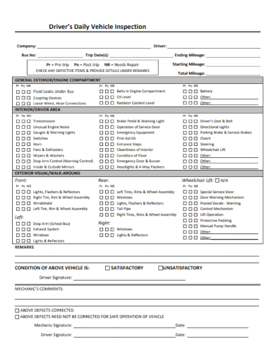 company driver daily vehicle inspection form