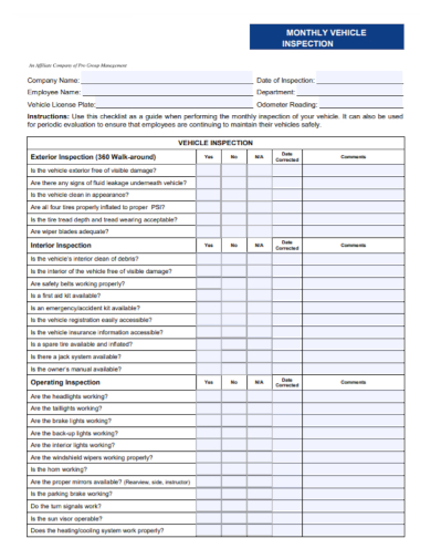 company monthly vehicle inspection checklist