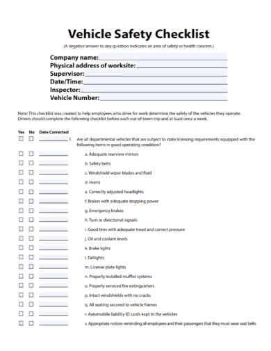company vehicle inspection safety checklist