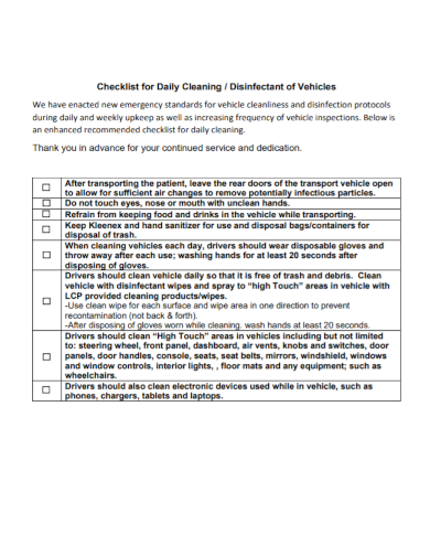 daily vehicle cleanliness inspection checklist