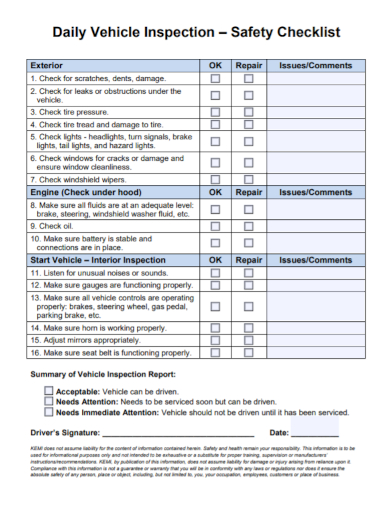 daily vehicle inspection safety checklist
