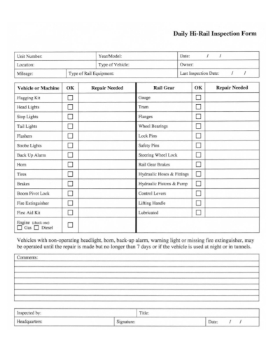 daily vehicle machine inspection form