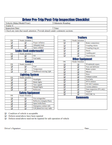 driver pre trip vehicle inspection checklist