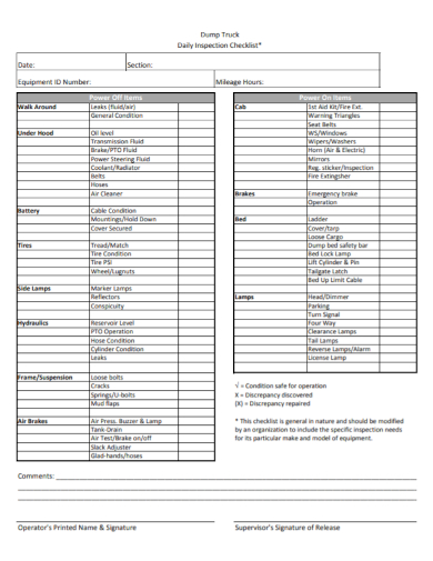 dump truck daily inspection checklist