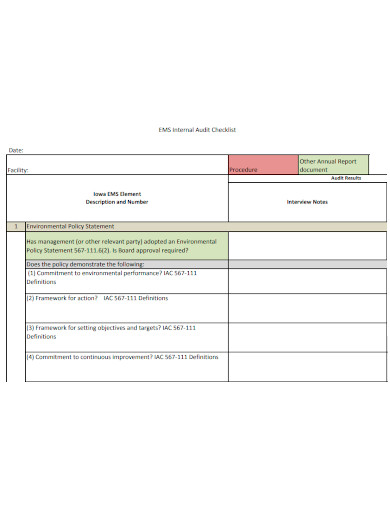 ems internal audit checklist